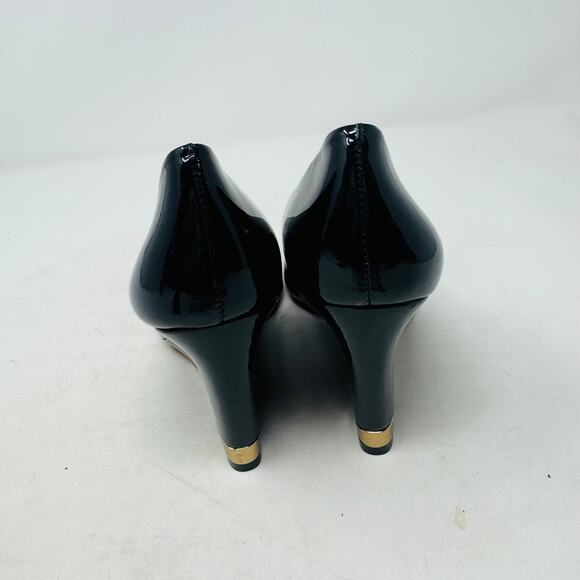 Tory Burch Black Patent Leather Wedge Heels Size 7 Logo Detail - Picture 6 of 14